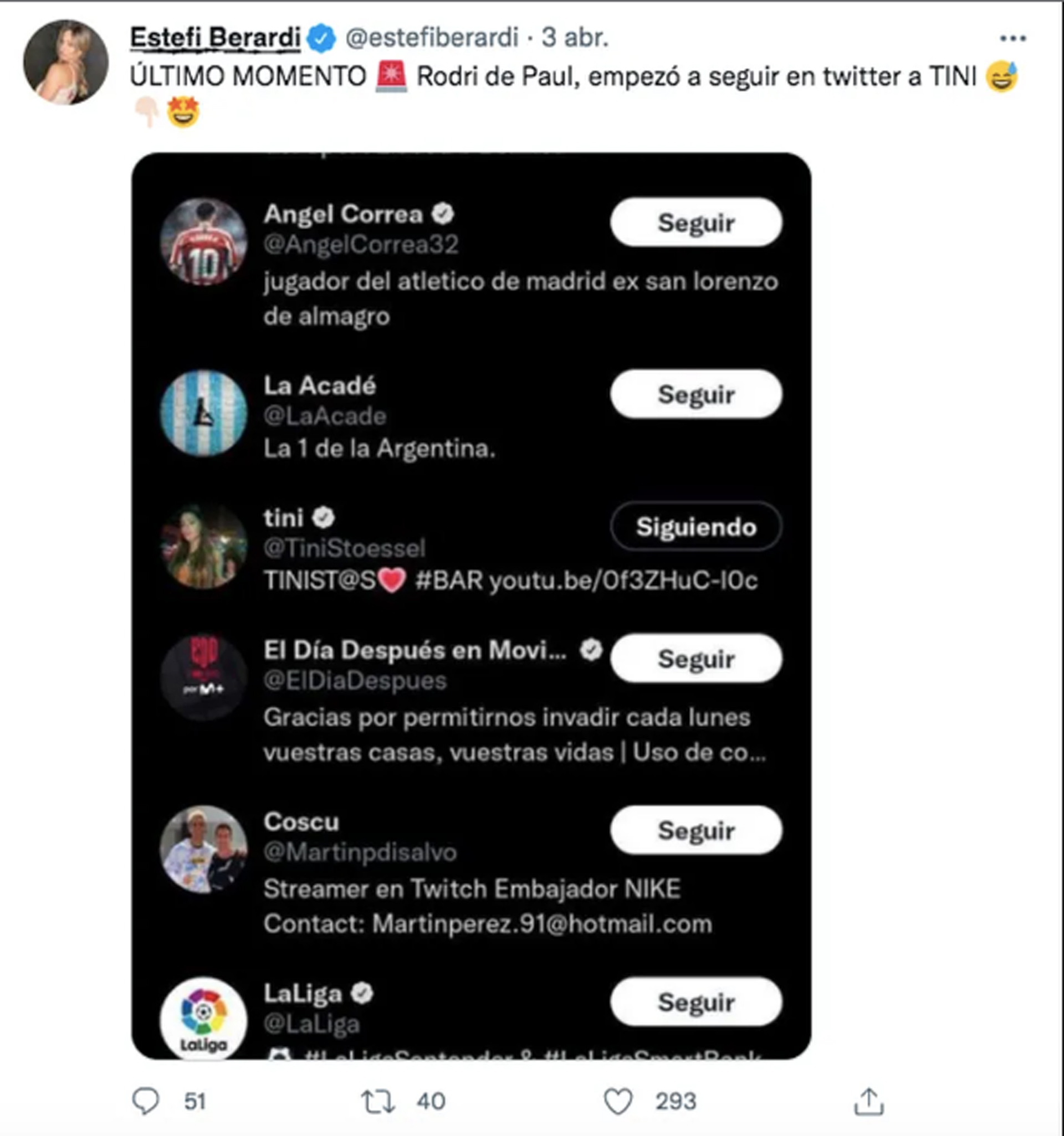 Rodrigo de Paul empezó a seguir a Tini Stoessel en Twitter