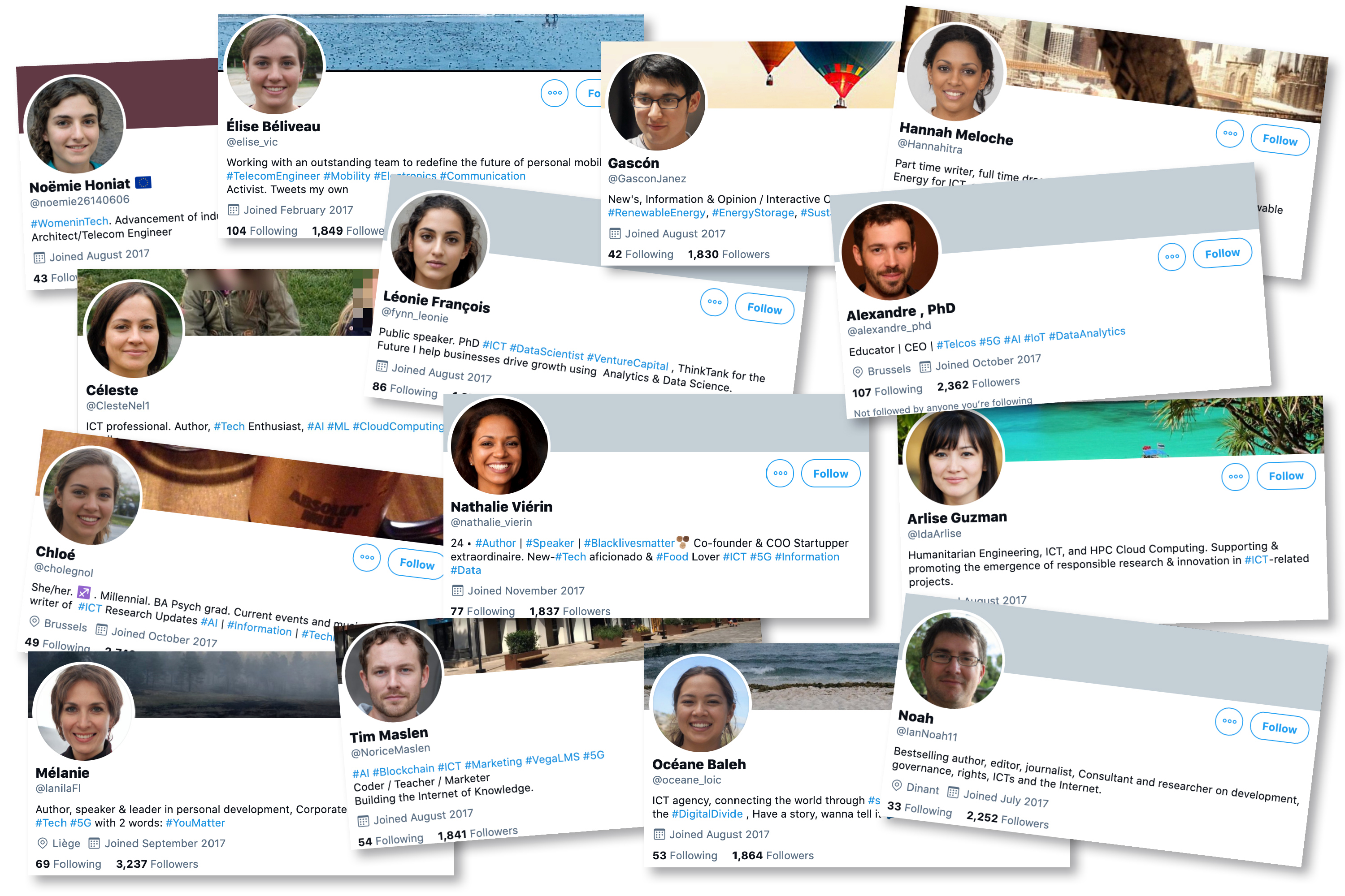 Algunas de las decenas de cuentas falsas en Twitter de supuestos especialistas que difundían un artículo favorable a Huawei