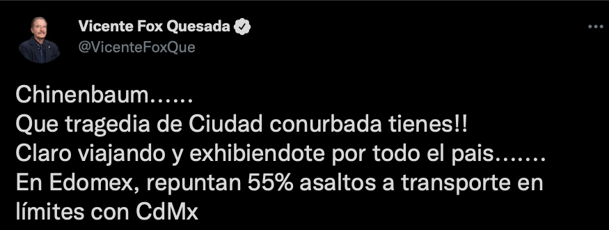 Vicente Fox culpó a Sheinbaum por aumento de inseguridad en los límites con el Estado de México (Foto: Twitter/@VicenteFoxQue)
