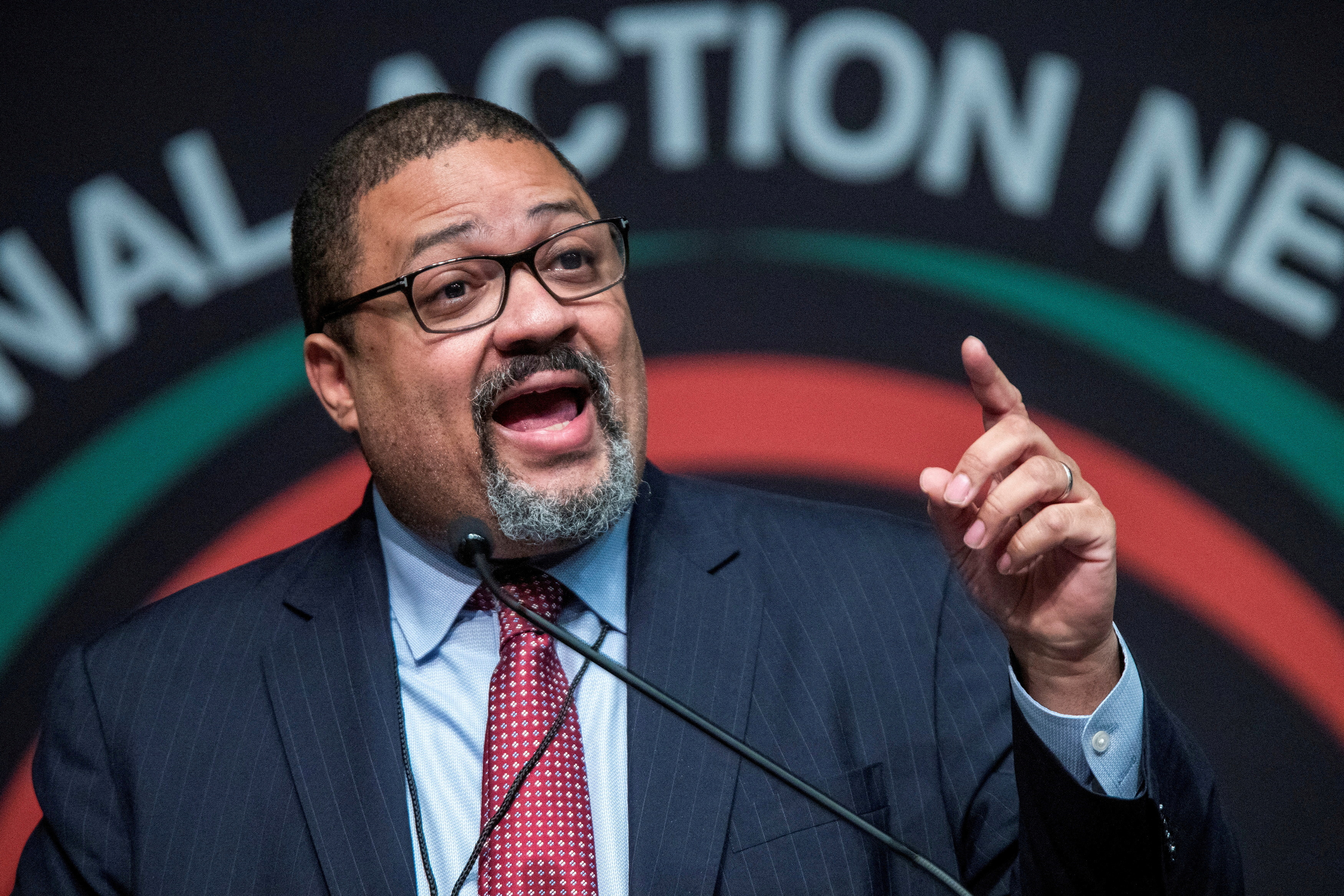 FILE PHOTO: Manhattan District Attorney Alvin Bragg speaks to attendees during the National Action Network National Convention in New York City, U.S., April 7, 2022. REUTERS/Eduardo Munoz/File Photo