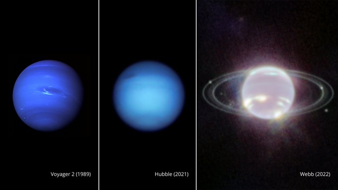 Neptunus werd waargenomen door de Voyager-sonde in 1989, de Hubble-ruimtetelescoop in 2021 en de nieuwe James Webb-telescoop in 2022 (NASA).