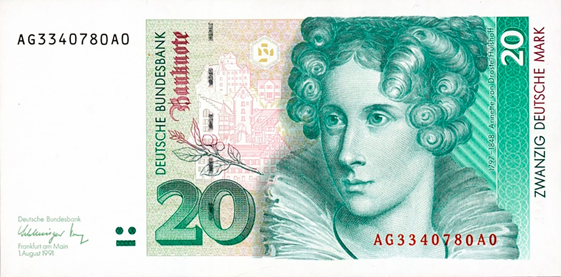 Annette von Droste-Hülshoff (1797-1848) es la poeta más importante de la literatura alemana moderna. Su rostro adornó el billete de 20 marcos alemanes desde 1991 hasta la aparición del euro en 2002.