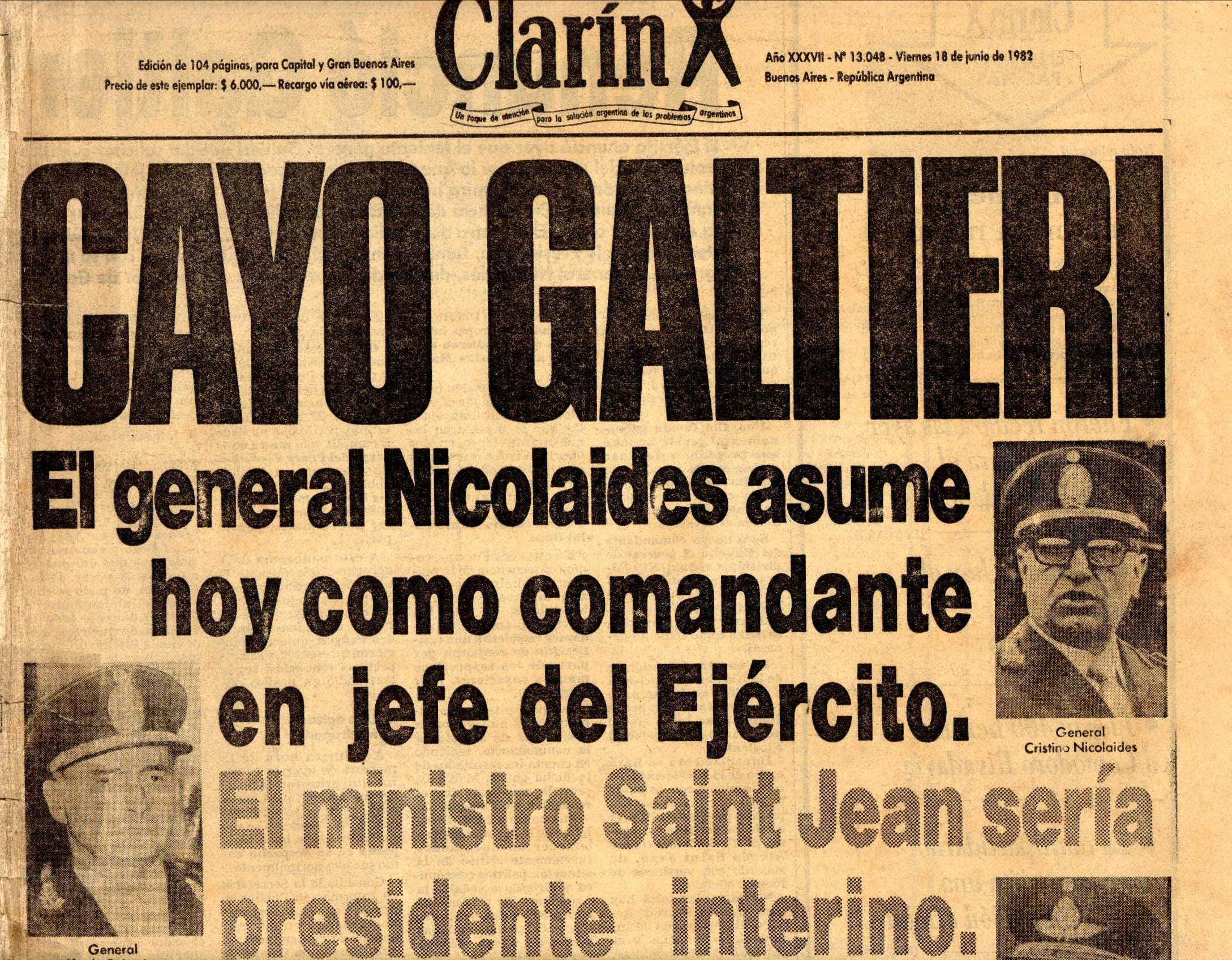 Título de tapa de “Clarín” anunciando la deposición de Galtieri.