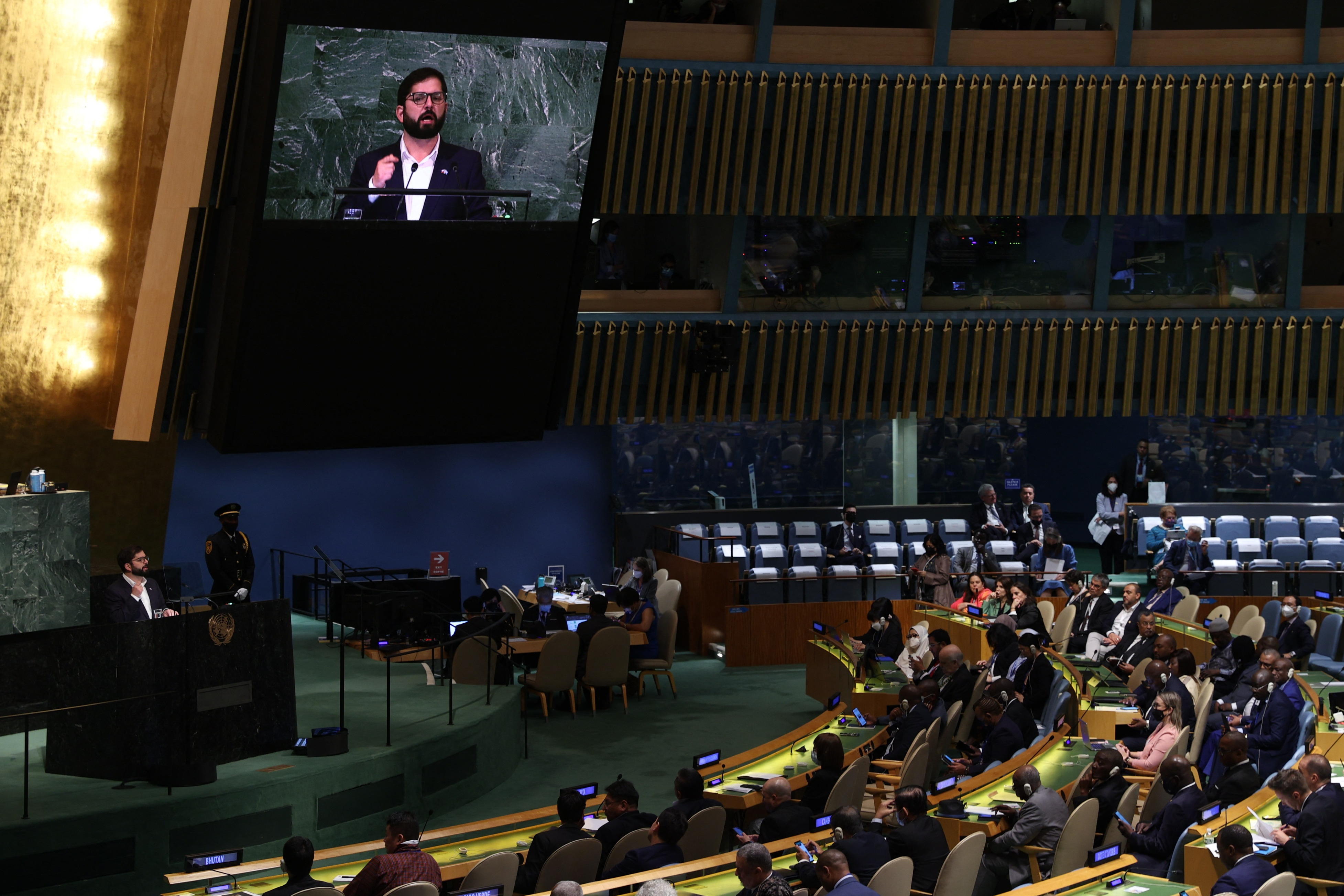 El pleno de las Naciones Unidas en medio del discurso de Gabriel Boric