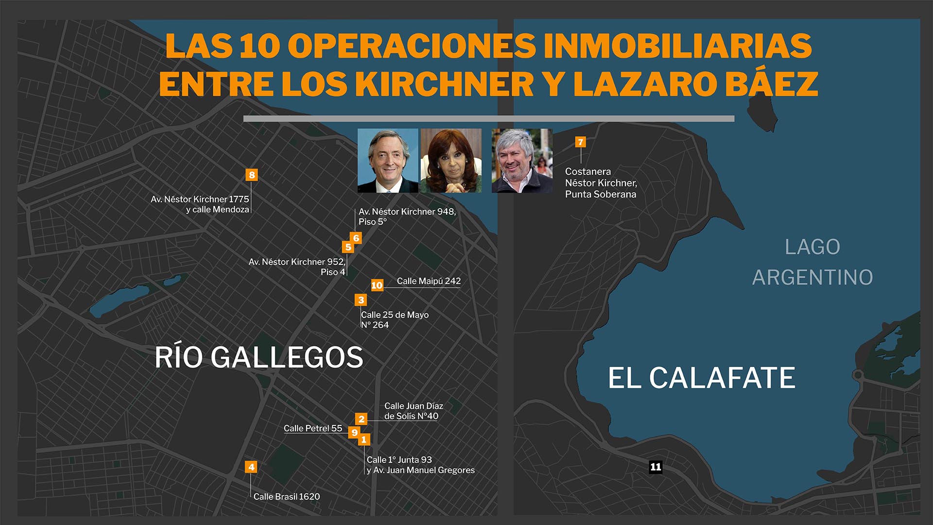 La ubicación de las diez operaciones entre los Kirchner y Lázaro Báez