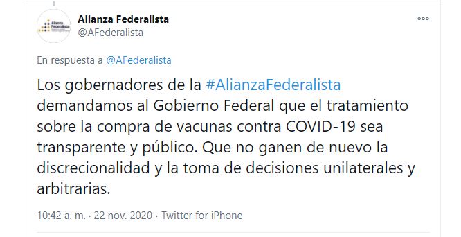 La Alianza Federalista pidió transparentar procesos de adquisición de la vacuna contra el COVID-19 (Foto: Twitter / @AFederalista)