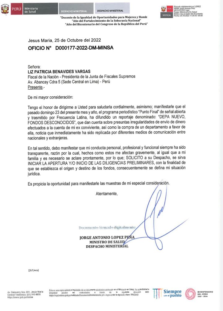 Oficio del exministro Jorge López a la fiscal de la Nación.