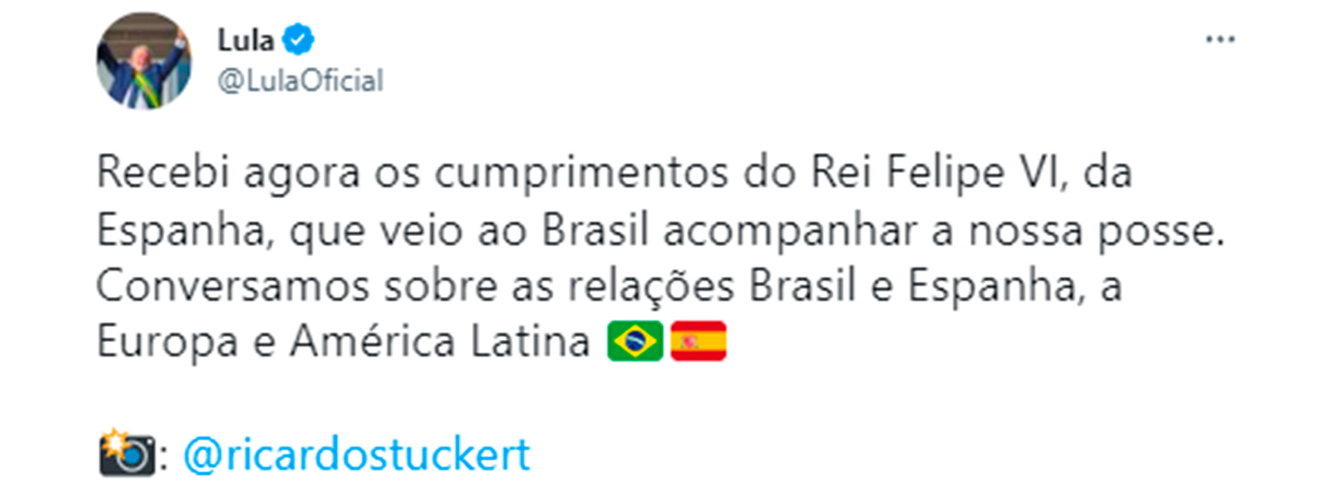 El tuit de Lula da Silva donde informó de su reunión bilateral con el Rey de España, Felipe VI.