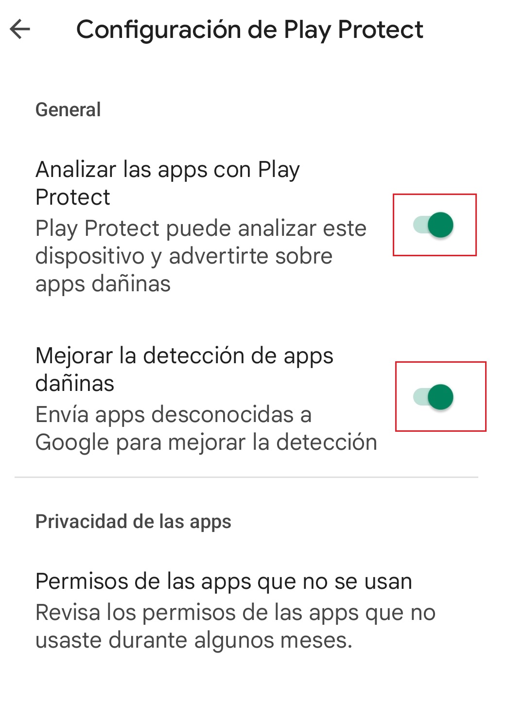 Luego de ingresar en la tuerca se verá si Play Protect está habilitado o no