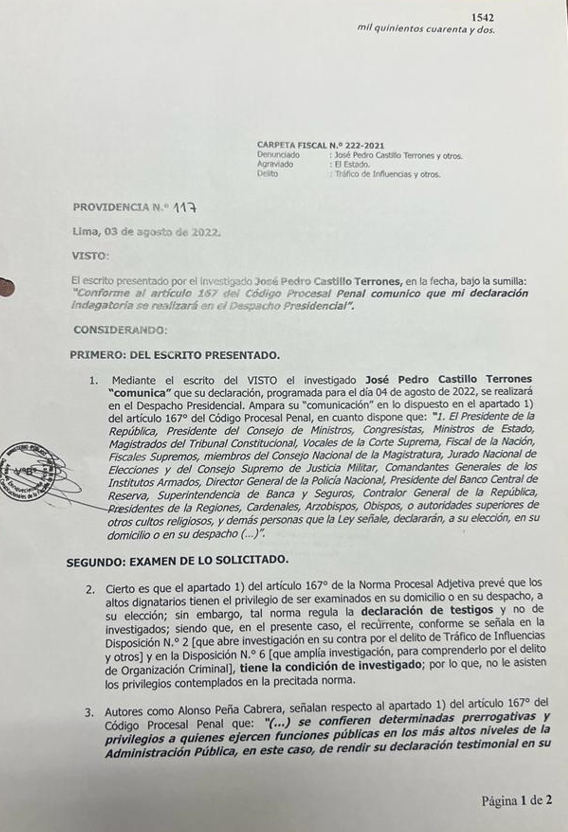 Documento de la Fiscalía de la Nación sobre citación de Pedro Castillo ante el Ministerio Público.