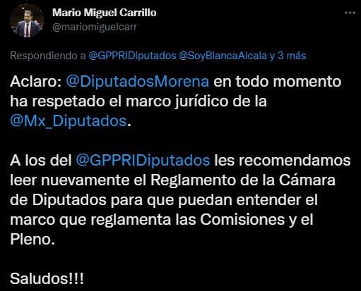 El diputado Mario Miguel Carrillo respondió que Morena ha respetado el marco jurídico de la Cámara de Diputados (Foto: Twitter/@mariomiguelcarr)