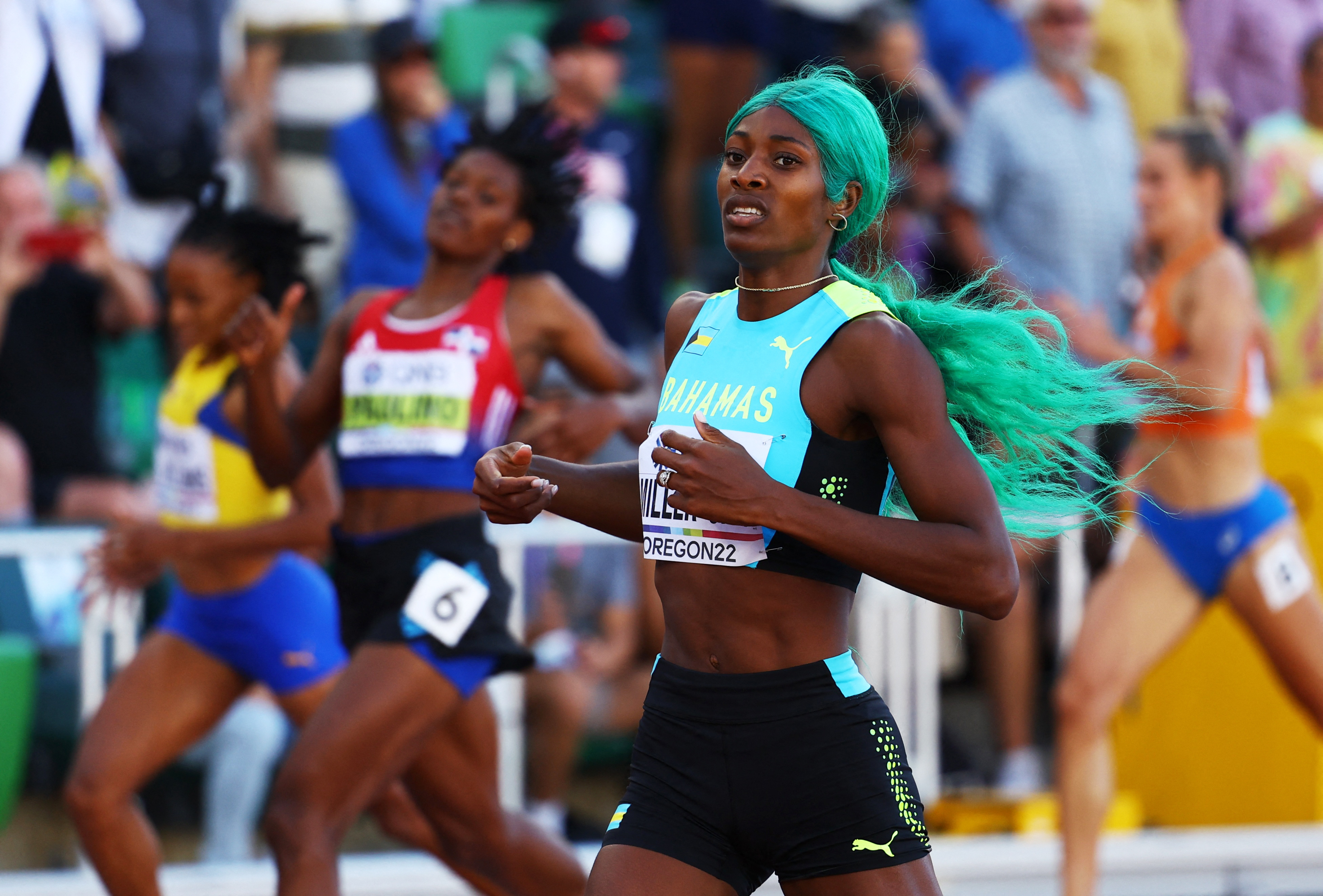 Athletics - World Athletics Championships - Women's 400 Metres - Final - Hayward Field, Eugene, Oregon, U.S. - July 22, 2022 Bahamas' Shaunae Miller-Uibo reacts after winning the women's400 metres final REUTERS/Kai Pfaffenbach