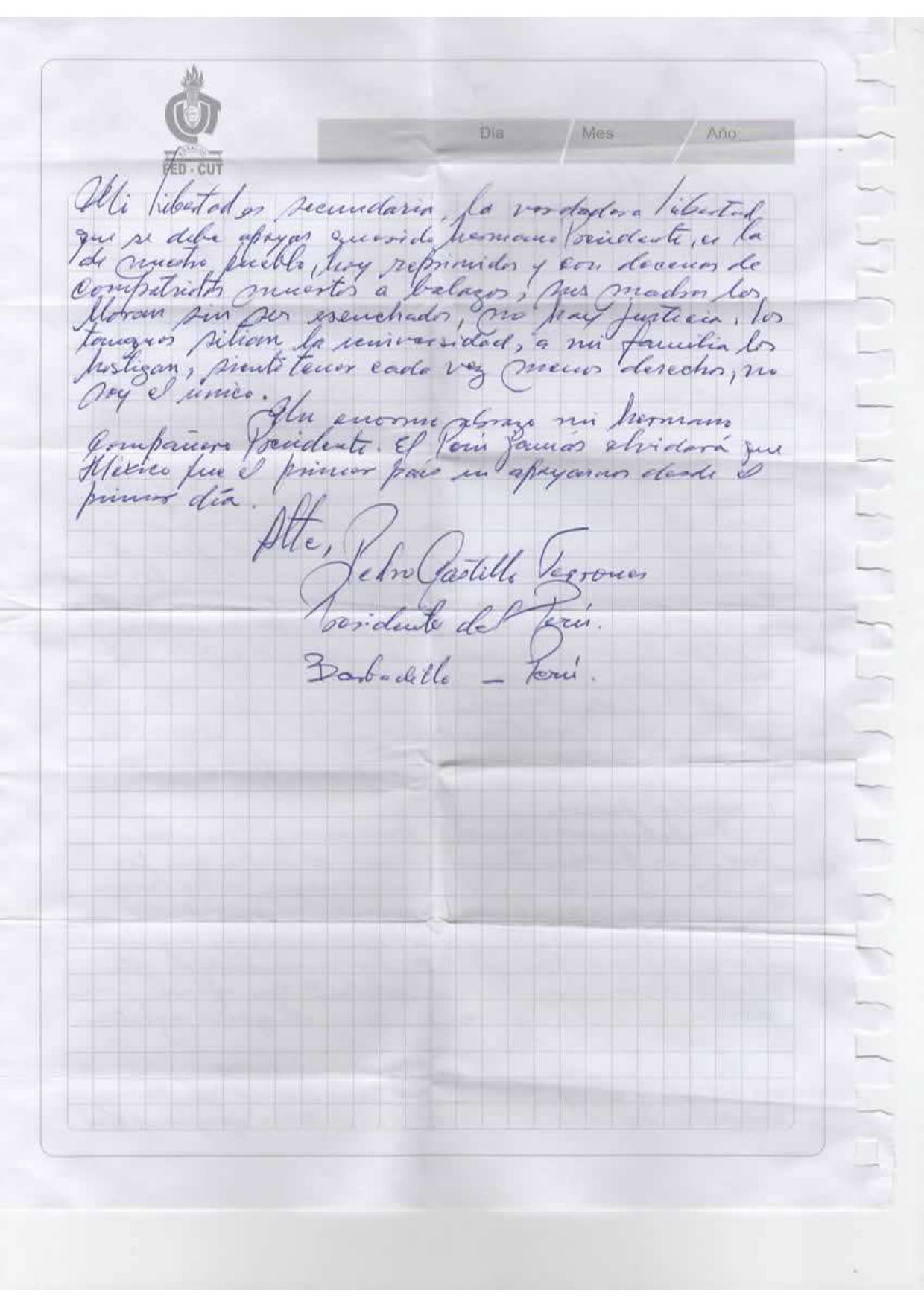 Reverso de la carta de Pedro Castillo a AMLO (Twitter/@lopezobrador_)