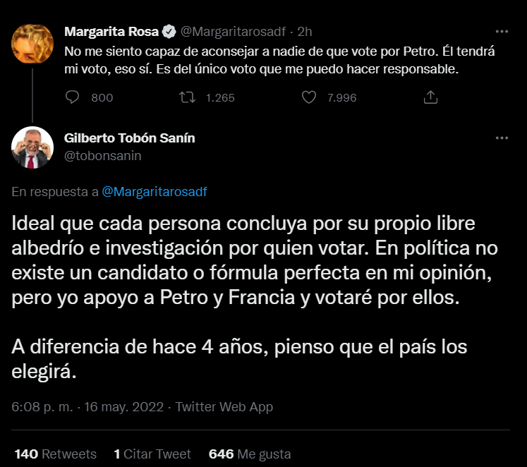 Through a tweet, the academic Gilberto Tobón answered Margarita Rosa with a tweet where he reaffirmed his vote for Gustavo Petro.  PHOTO: via Twitter