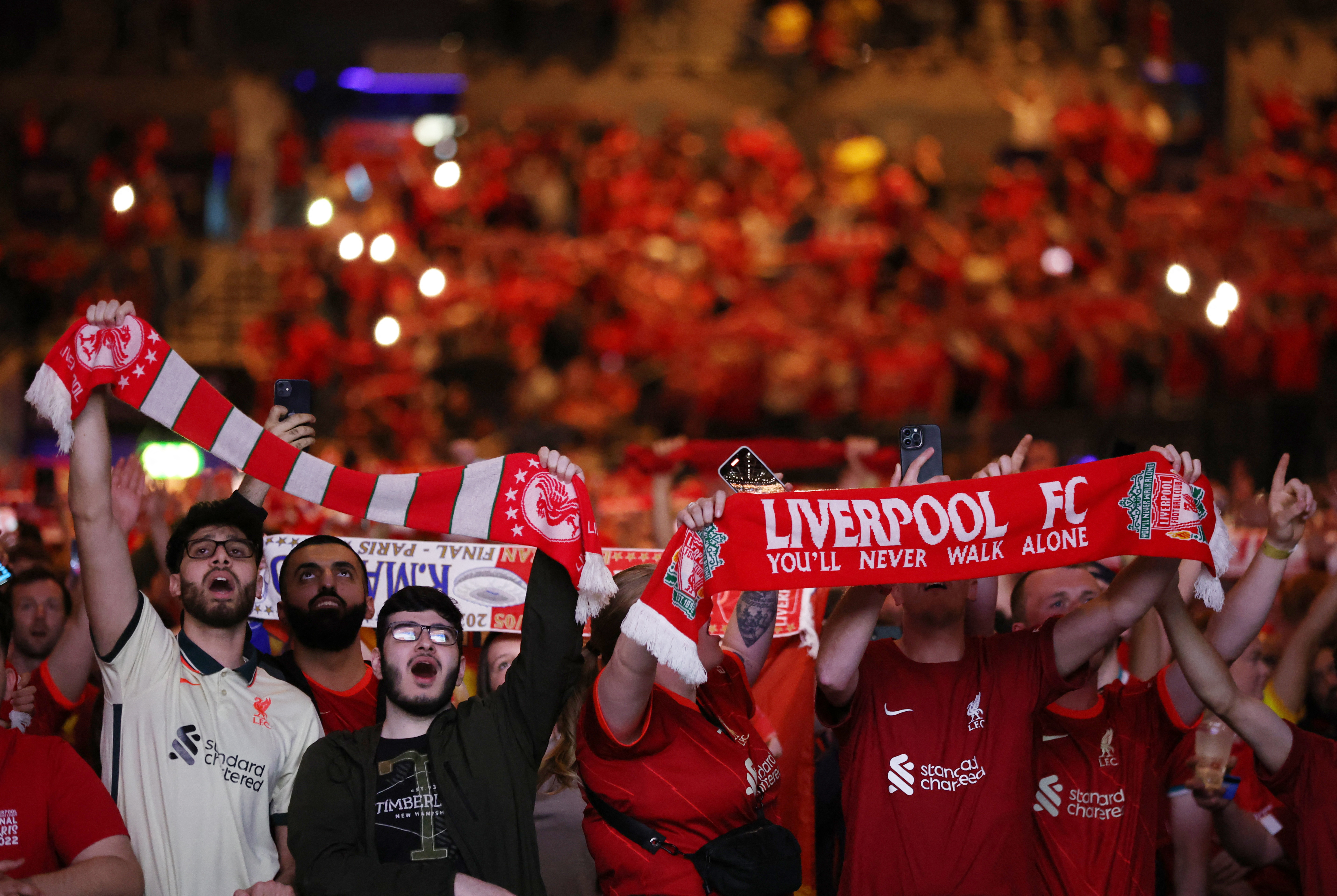Soccer Football - Fans gather in Liverpool for the Champions League Final - Liverpool v Real Madrid - M&S Bank Arena, Liverpool, Britain - May 28, 2022 Liverpool fans gather in the city centre ahead of the Champions League Final REUTERS/Phil Noble