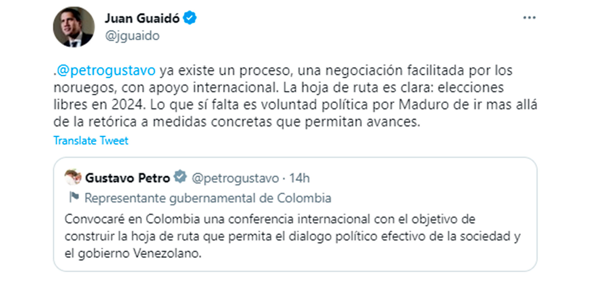 Juan Guaidó le respondió a Petro por Twitter