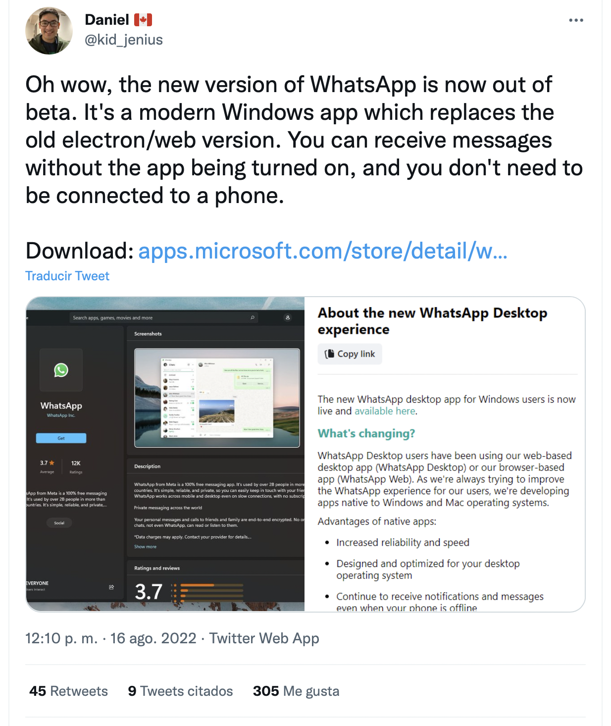 Nueva versión de WhatsApp para Windows. (foto: Twitter)