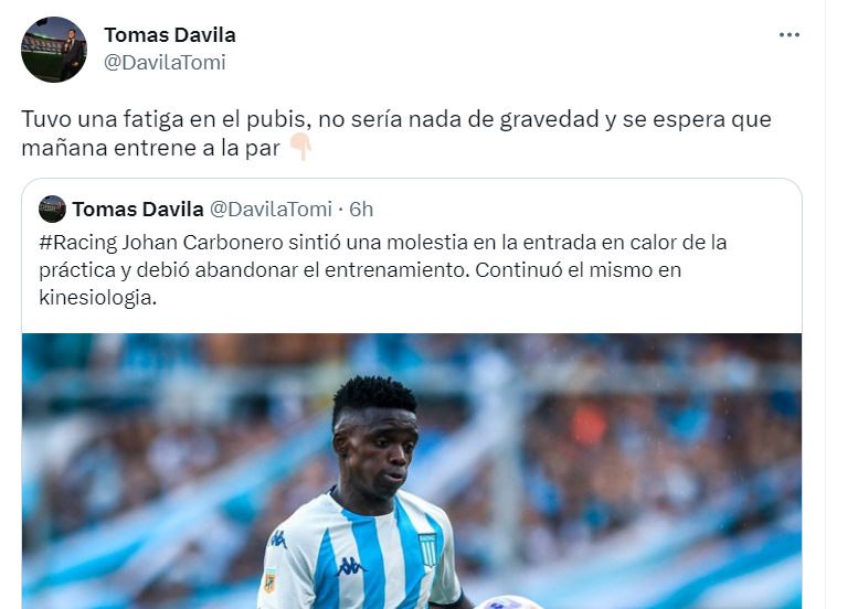 The Argentine journalist Tomás Dávila spoke about Johan Carbonero's injury with Racing