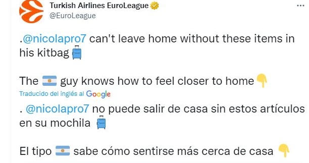 El tuit de la Euro League sobre los artículos que lleva Laprovittola en su mochila de viaje