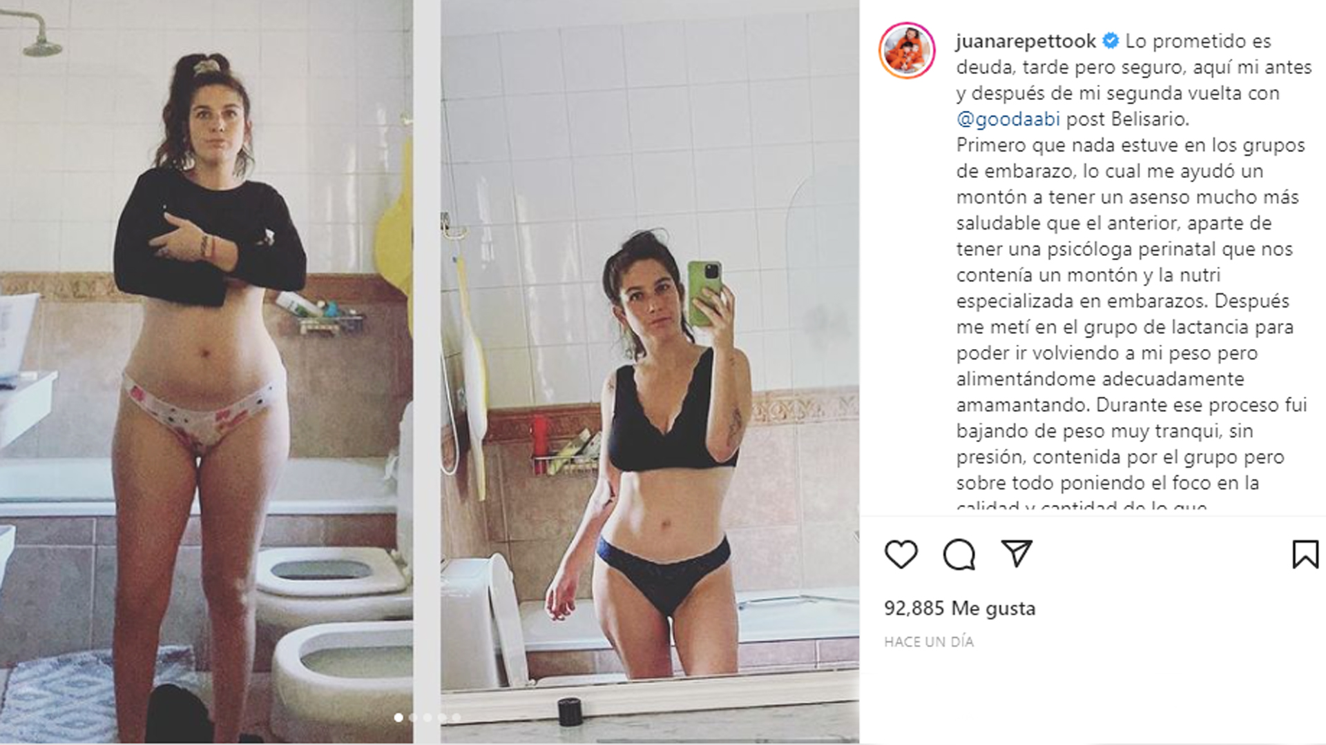 Before and after: Juana Repetto celebrated the results of the comprehensive nutritional plan she implemented shortly after Belisario's birth