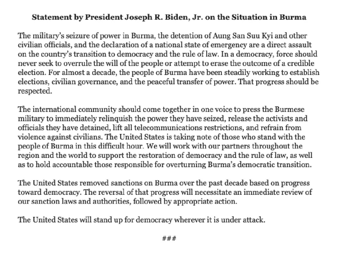 El comunicado de Joe Biden sobre la situación en Myanmar