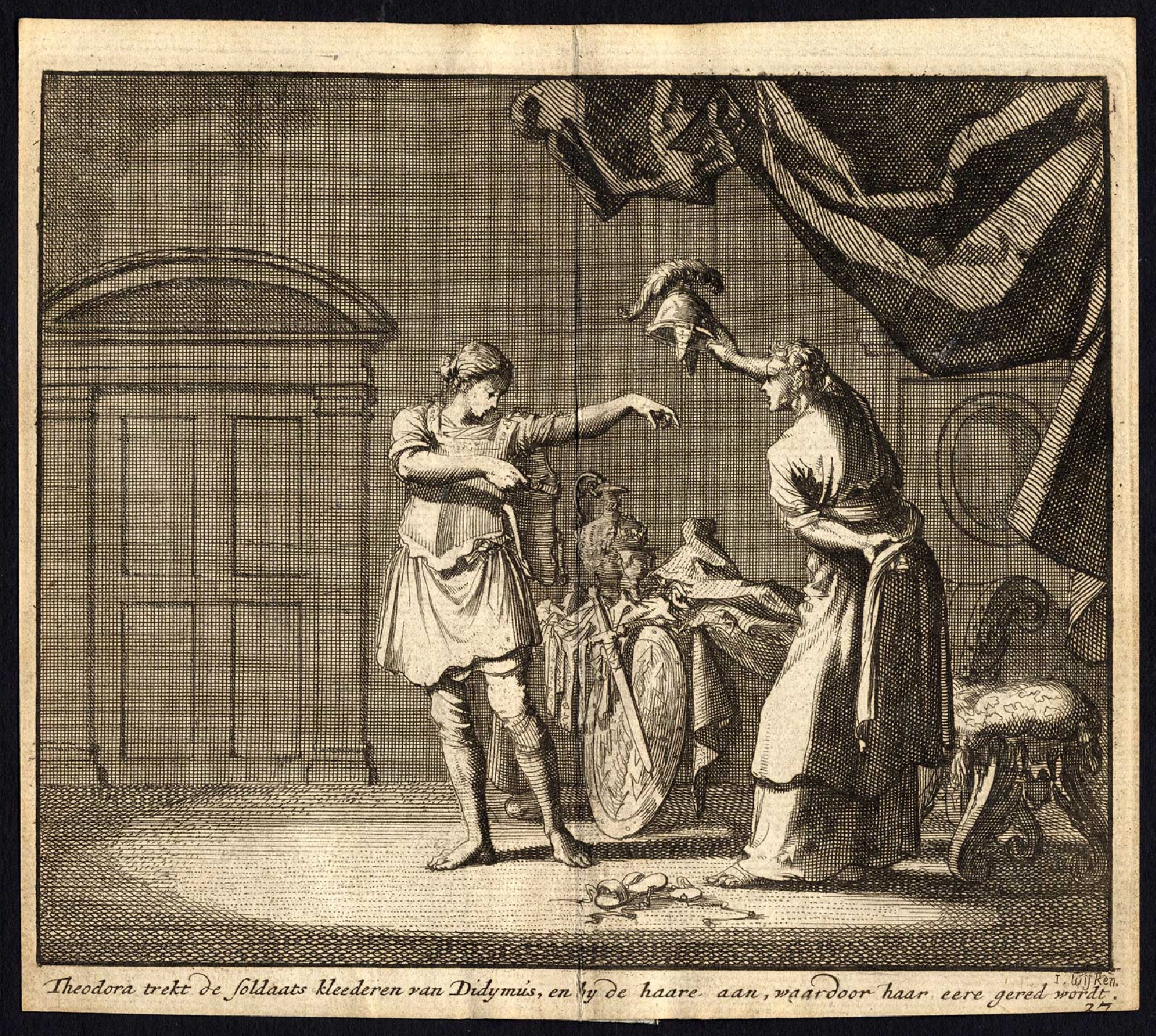 Theodora y Didimo cambiándose la ropa (grabado antiguo)
