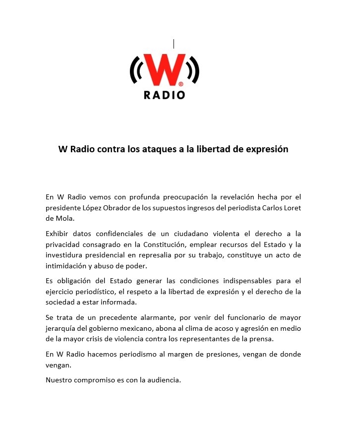 Comunicado de la empresa radiofónica que compartió en sus redes sociales (foto: @WRADIOMexico/Twitter)