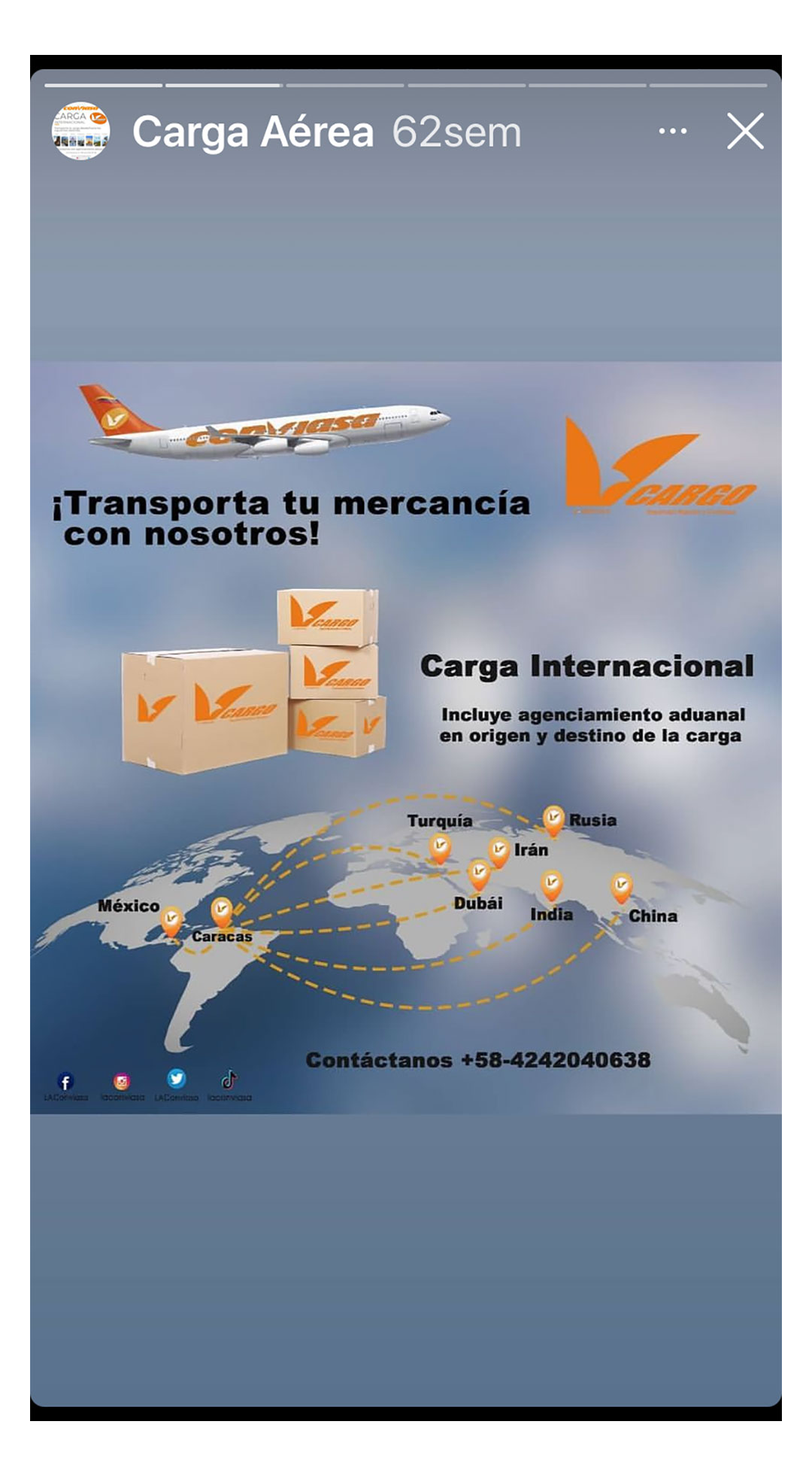 La  publicidad que hace Conviasa de su empresa de carga no incluye a EMTRASUR, la nueva aerolínea que opera con un avión iraní