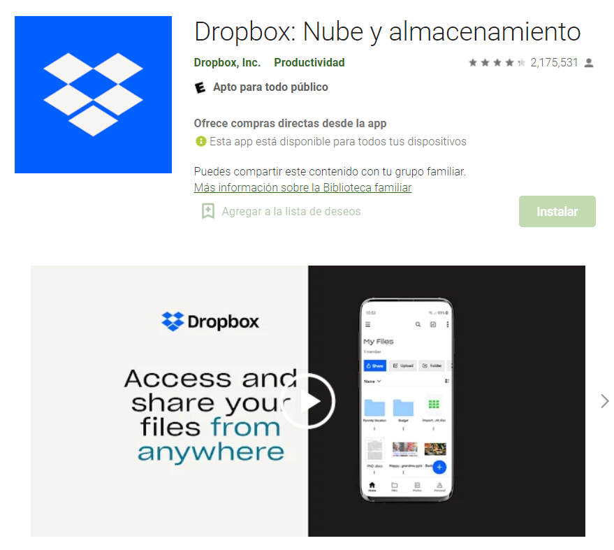 Dropbox en su versión gratuita ofrece almacenamiento de hasta 2 GB