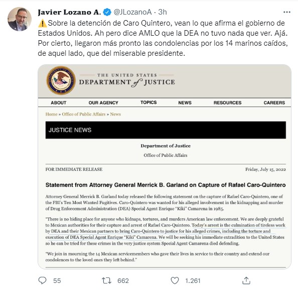 Lozano Alarcón reprochó al mandatario federal por presumir que fue únicamente personal mexicano quien capturó a Caro Quintero (Foto: Twitter/@JLozanoA)