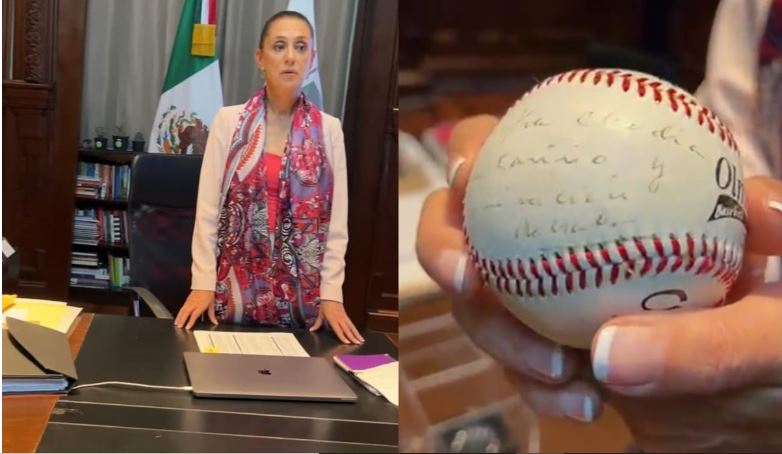 “Me da mucho orgullo”: Claudia Sheinbaum presumió su pelota de beisbol firmada por AMLO