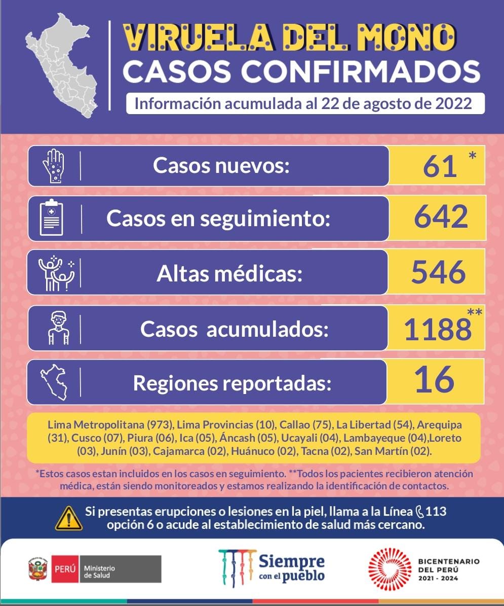 Casos de la viruela del mono al 22 de agosto. (Minsa)