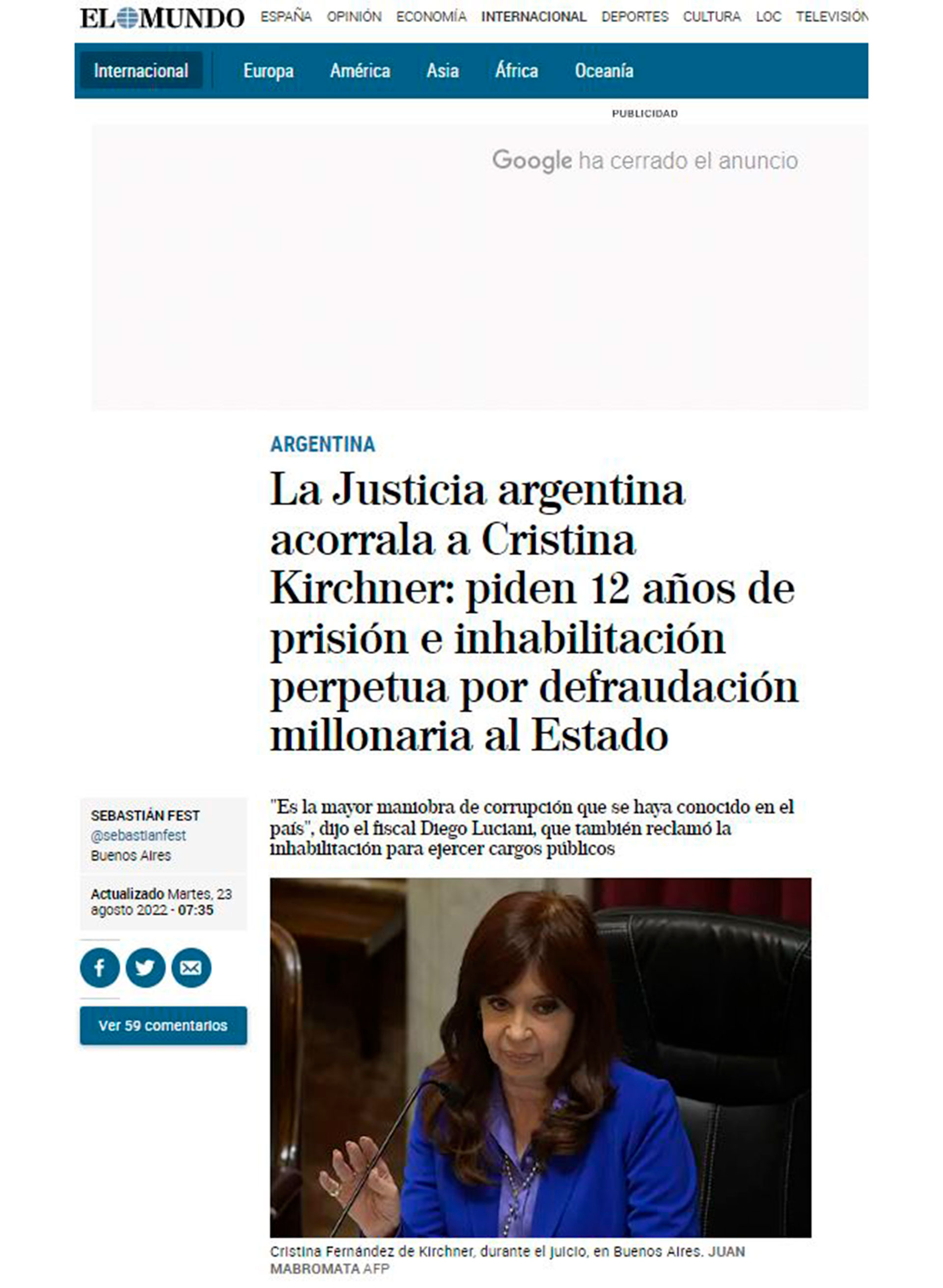 La couverture du journal espagnol El Mundo sur la demande d'arrestation de la vice-présidente Cristina Kirchner. 