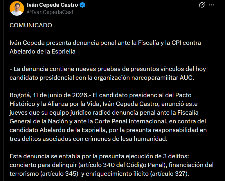 Iván Cepeda denunció a Abelardo de la Espriella ante la Fiscalía y la Corte Penal Internacional por presunta financiación a paramilitares - Infobae