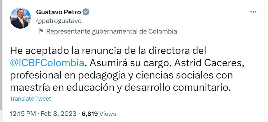 Presidente Gustavo Petro aceptó renuncia de directora del ICBF. Twitter @petrogustavo