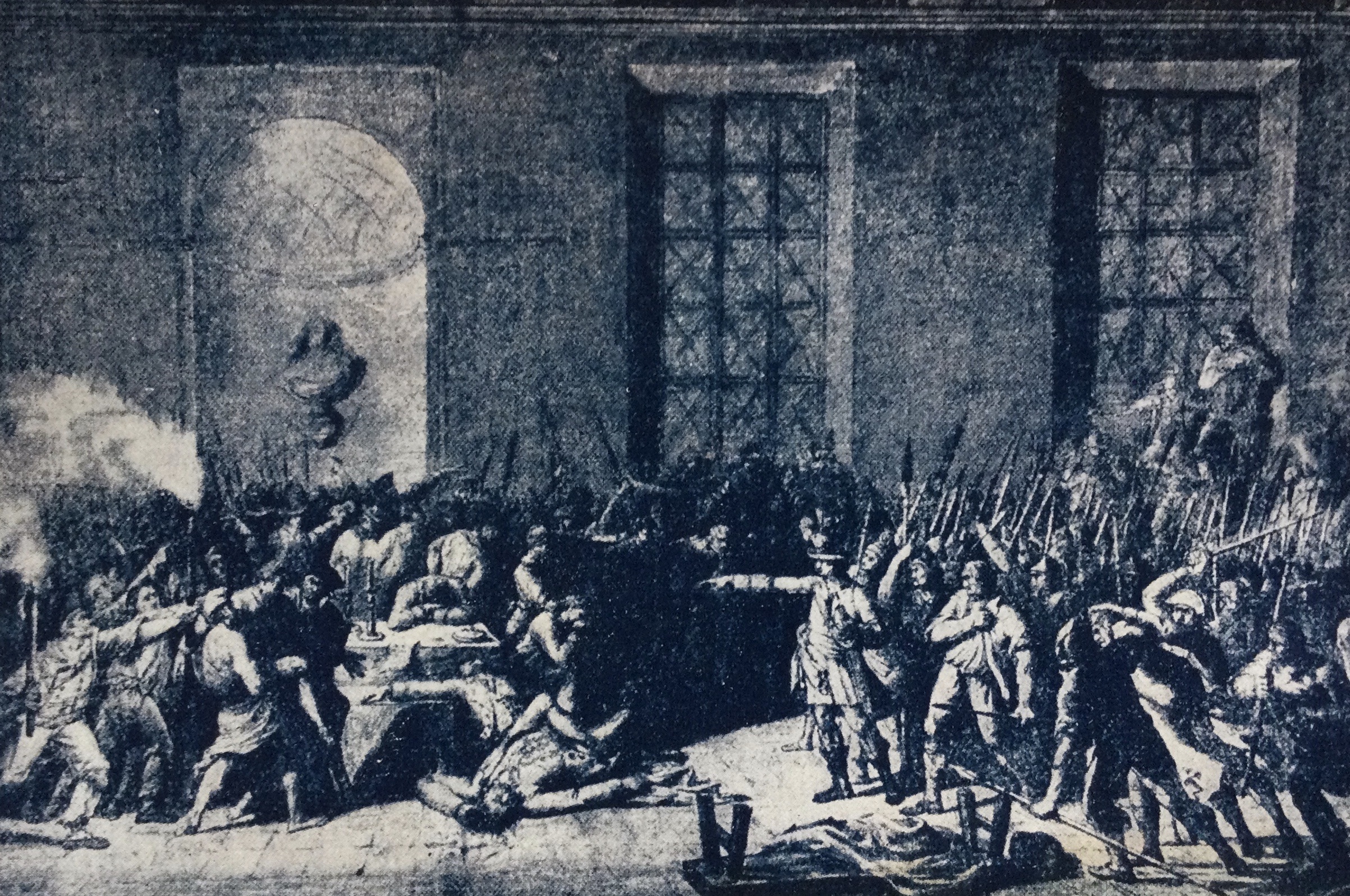 El momento en que Robespierre es arrestado. Su política del terror había llegado demasiado lejos. Dibuo de Prieur, Museo del Louvre.