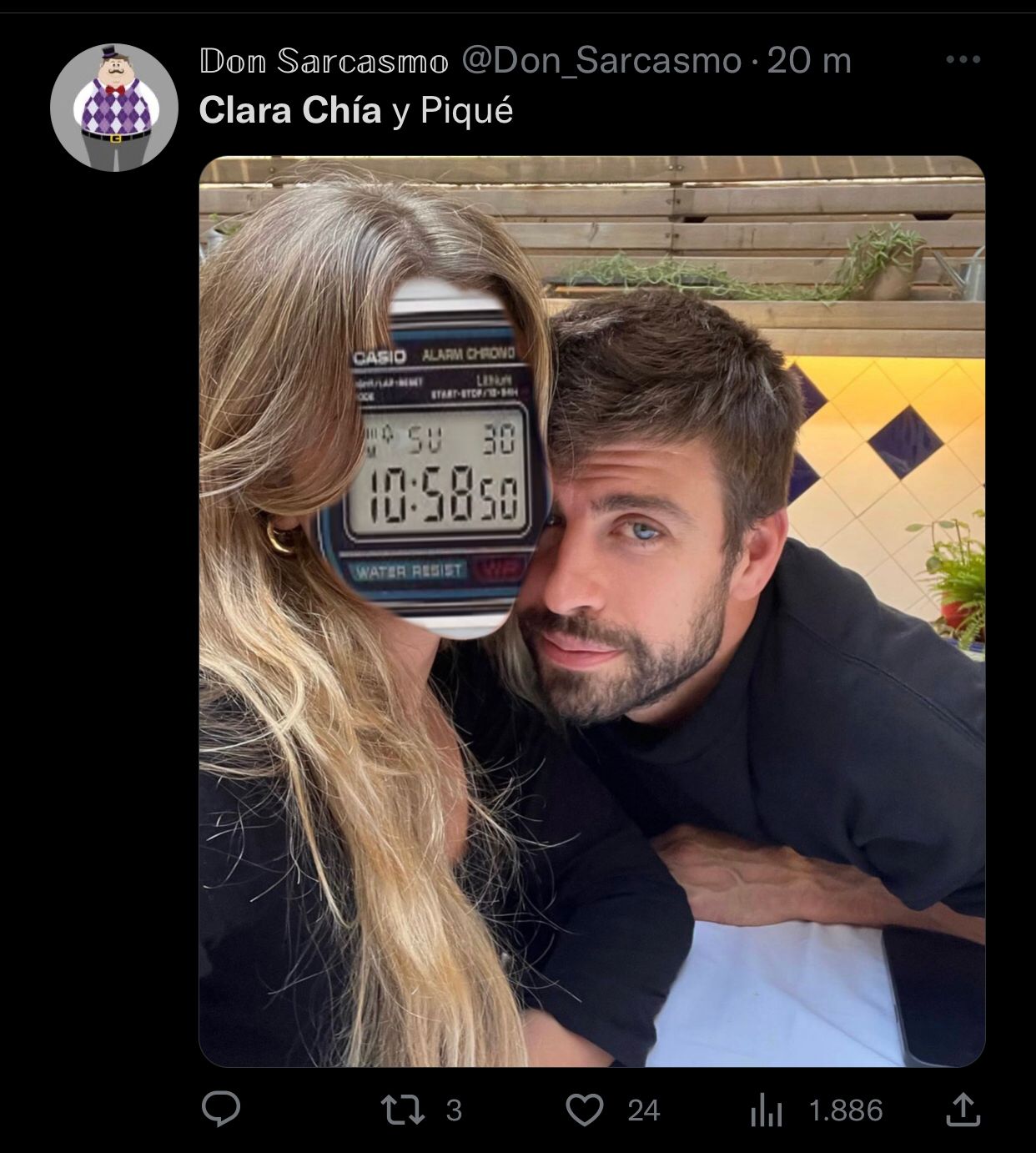 Las redes sociales no perdonaron al español, tras haber compartido su primera fotografía junto a Clara Chía. @Don_Sarcasmo/Twitter
