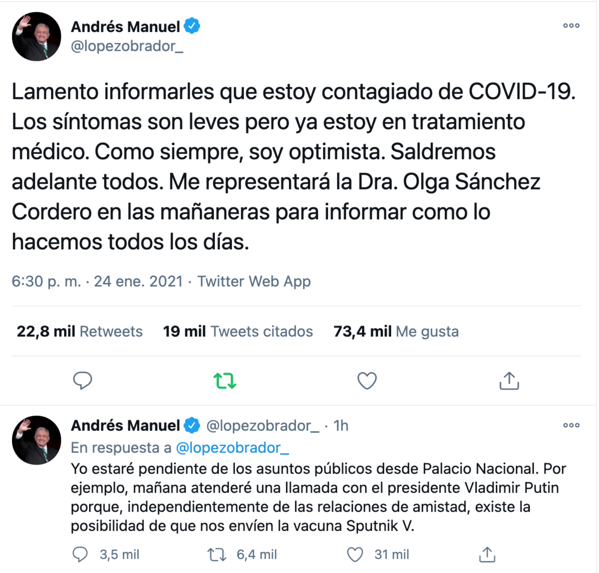 El mensaje de López Obrador donde informó su positivo a COVID-19 (Foto: Twitter @lopezobrador_)