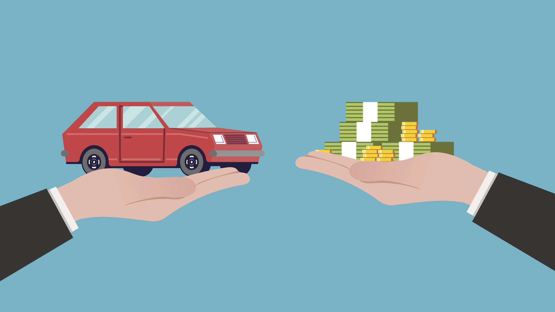 Flat illustration car sales. The transfer of money and the machine out of the hands. Red vehicle. Vector image in a cartoon style isolated on a blue background