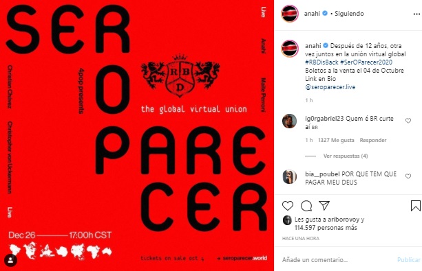 Los cuatro artistas compartirán el escenario y se presentarán con la música y los bailes que convirtieron a RBD en un fenómeno internacional. (Foto: Instagram de Anahí)