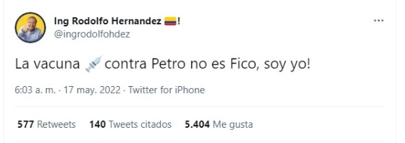 Rodolfo Hernández asegura ser la fórmula para contrarrestar la llegada de Petro a la presidencia. 

imagen: Pantallazo de Twitter