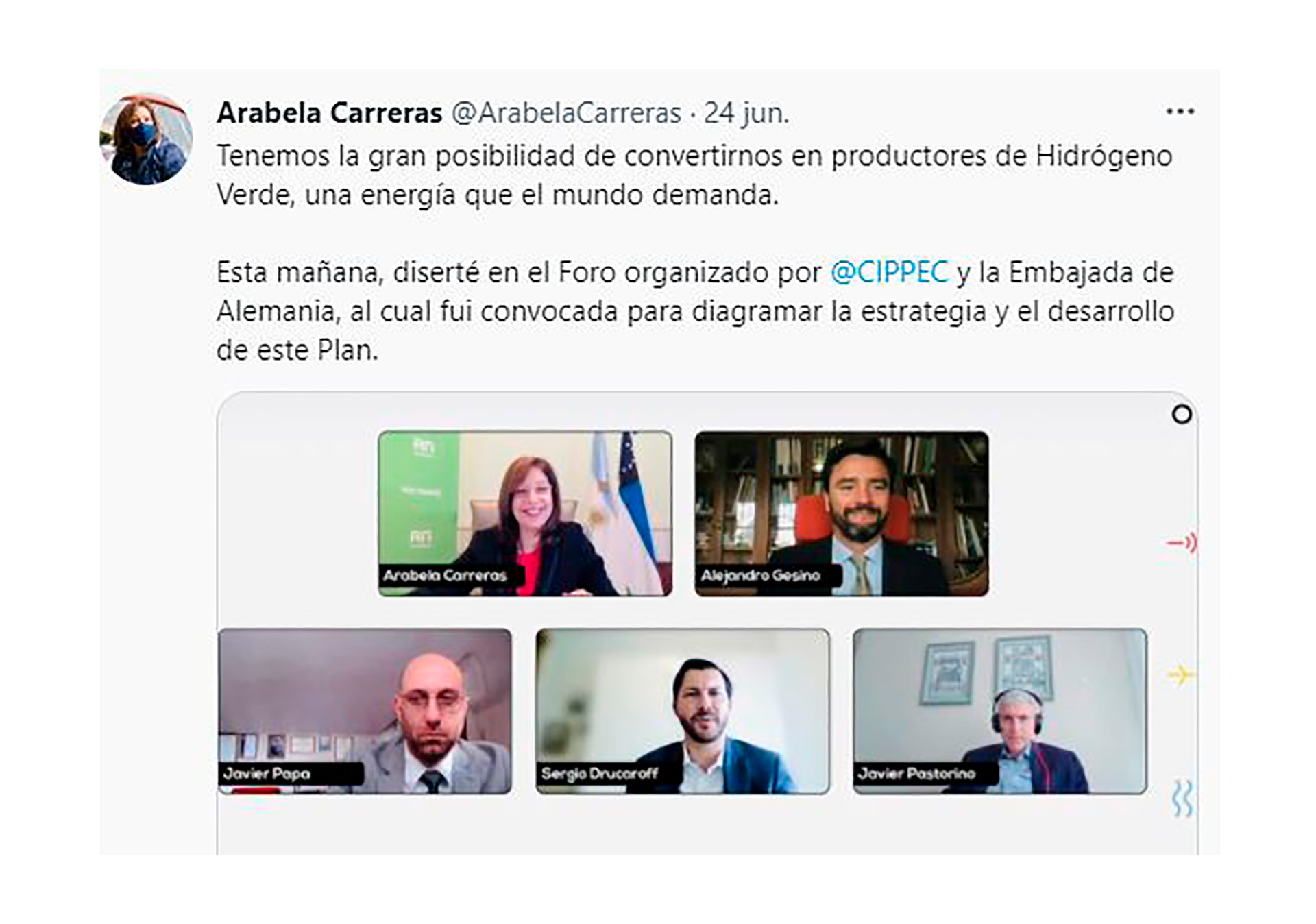 El tuit y la imagen que emitió la gobernadora de Río Negro, Arabela Carreras, sobre el reciente Zoom, organizado por Cippec y la embajada de Alemania, para impulsar el Hidrógeno Verde en la Argentina