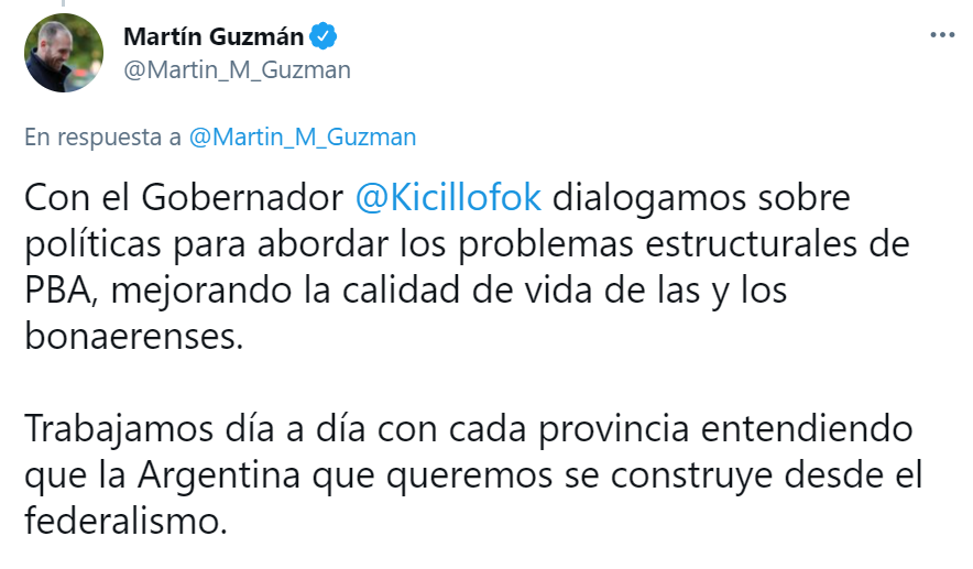 Martín Guzmán hizo pública la reunión con Axel Kicillof por Twitter. 