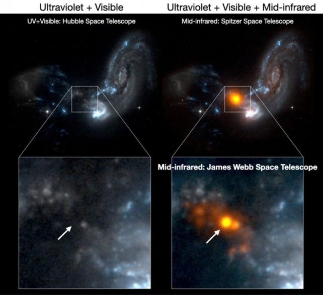 El brillo es mucho más detallado en los datos de JWST que los del Hubble. (Hanae Inami/Universidad de Hiroshima)