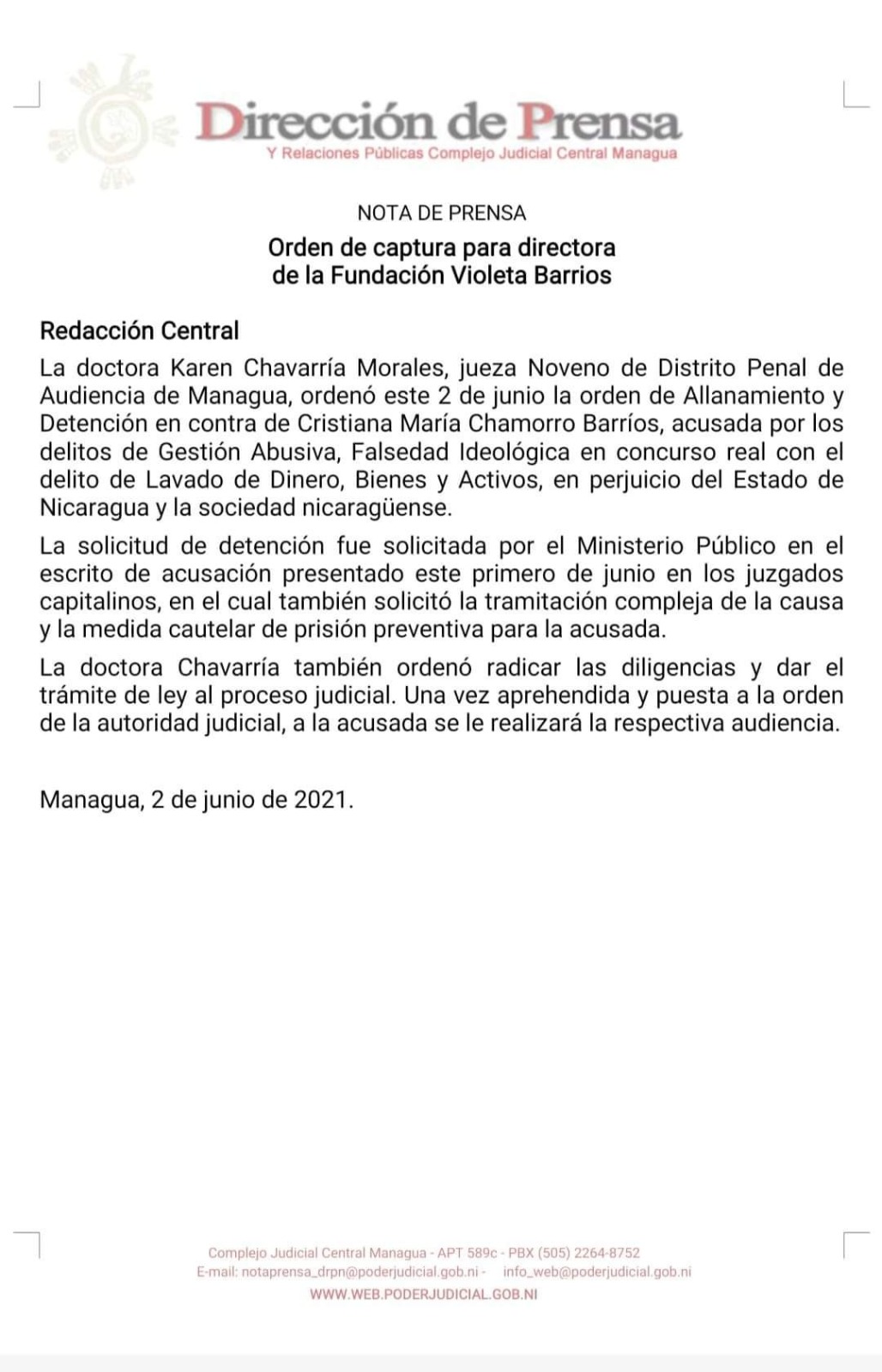 Comunicado sobre la detención de Cristiana Chamorro en Nicaragua (Infobae)