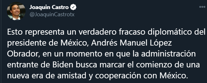 Joaquín Castro, Vicepresidente de Asuntos del exterior del Congreso de Estados Unidos denominó  la decisión de AMLO como un "fracaso diplomático" (Captura de Pantalla: Twitter @JoaquinCastrotx)