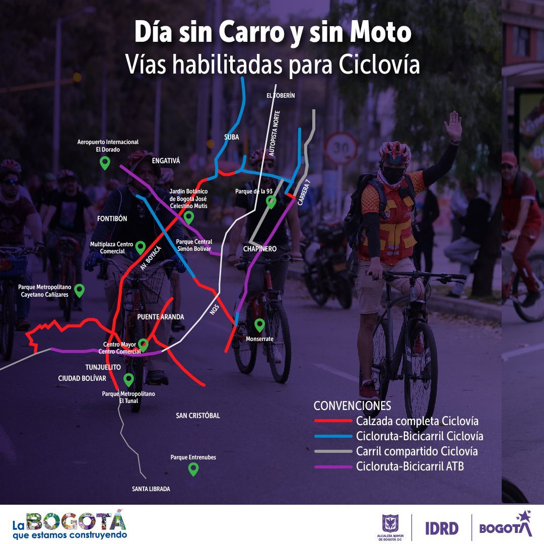 In the picture bike path routes during the day without cars and motorcycles in Bogotá.  Photo: IDRD