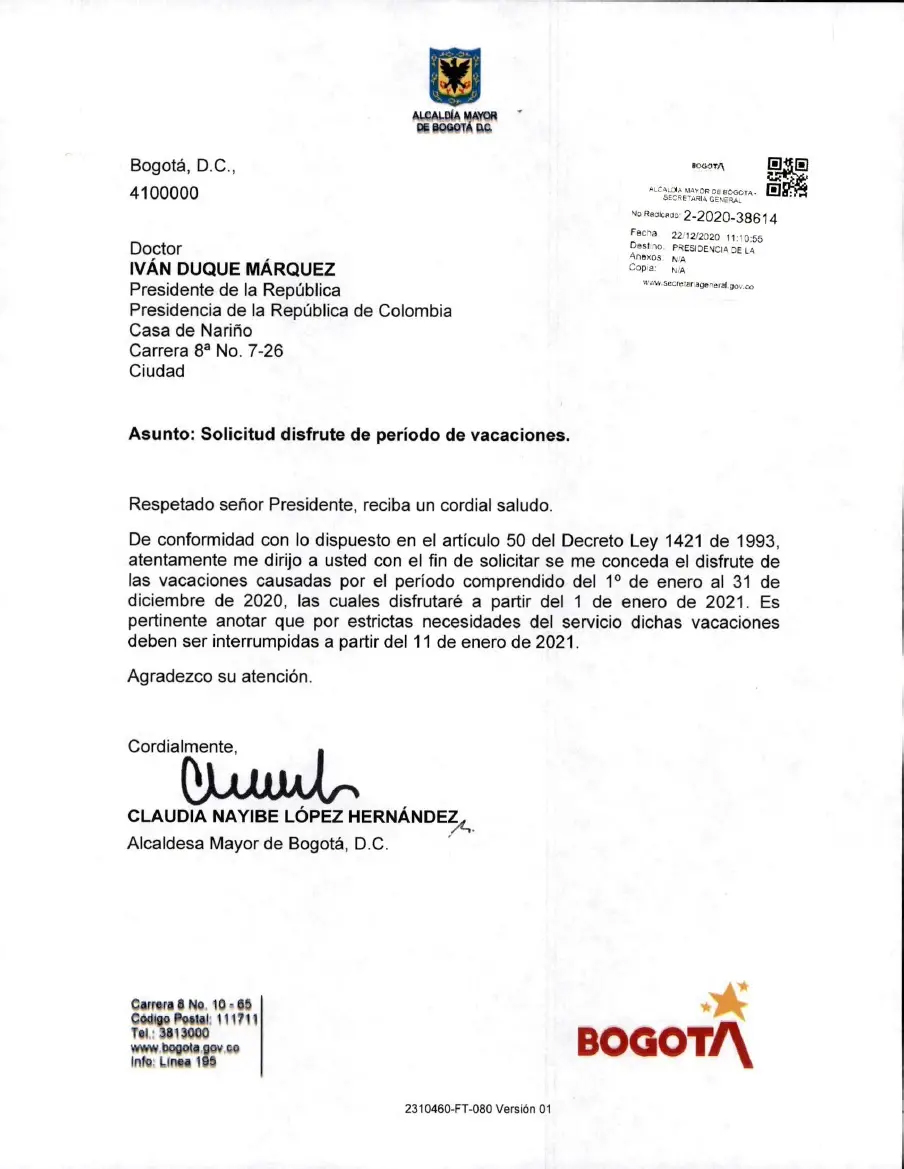 Esta Fue La Carta Con La Que Claudia López Le Solicitó Unas Vacaciones 4487