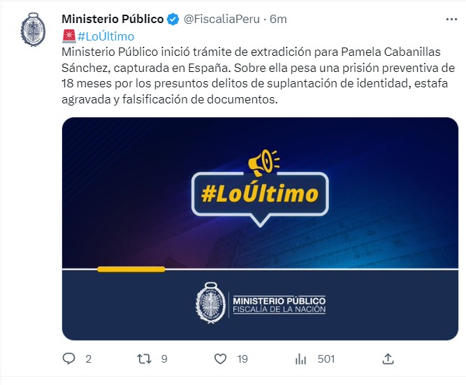 Ministerio Público inició trámite para extraditar a Pamela Cabanillas desde España. (Twitter)