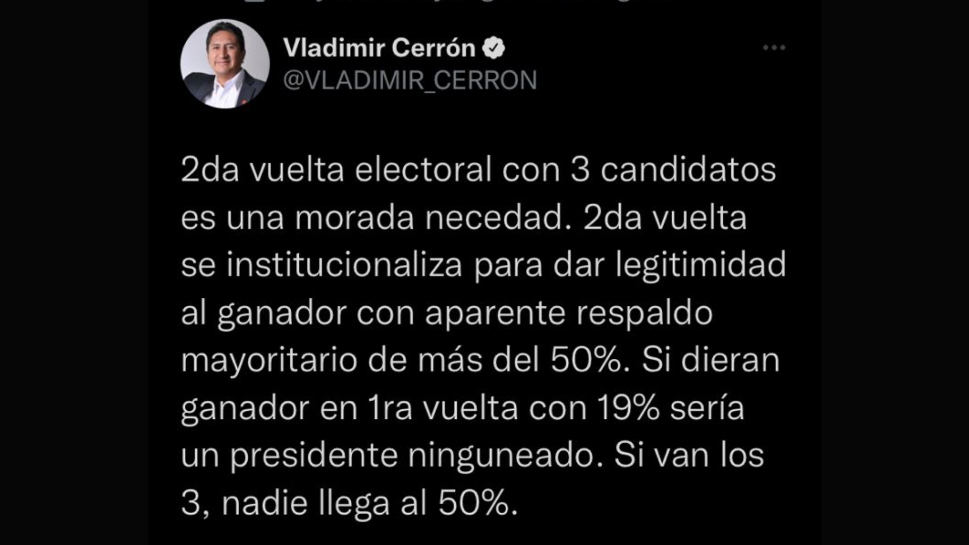 Vladimir Cerrón se pronuncia ante la presentación de este proyecto por Twitter.